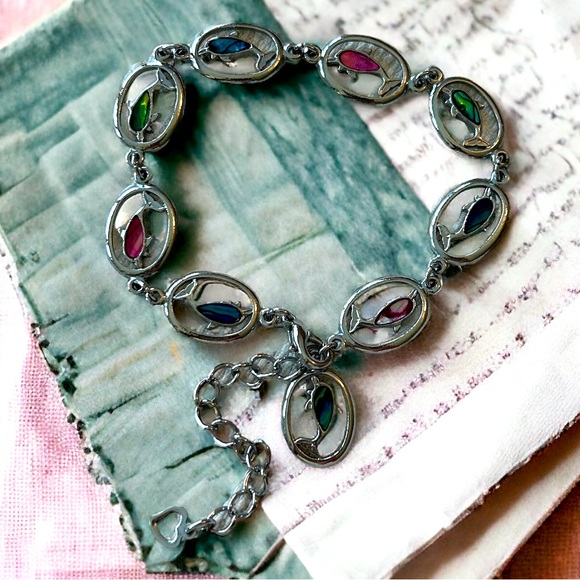 Silver Multi Colored Dolphin Anklet - Picture 1 of 7